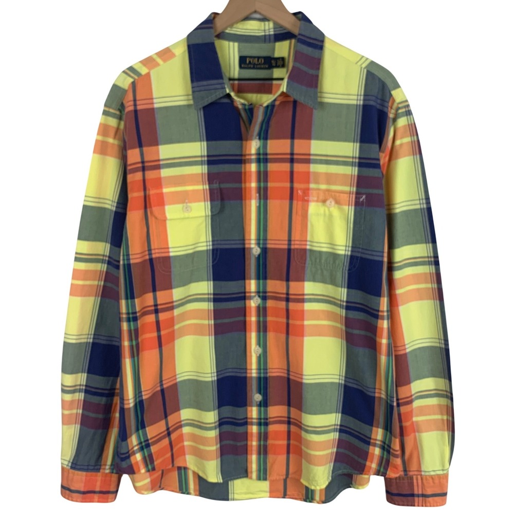 POLO Ralph Lauren Madras Bright Plaid Button Up Shirt Mens XL Orange Yellow Blue